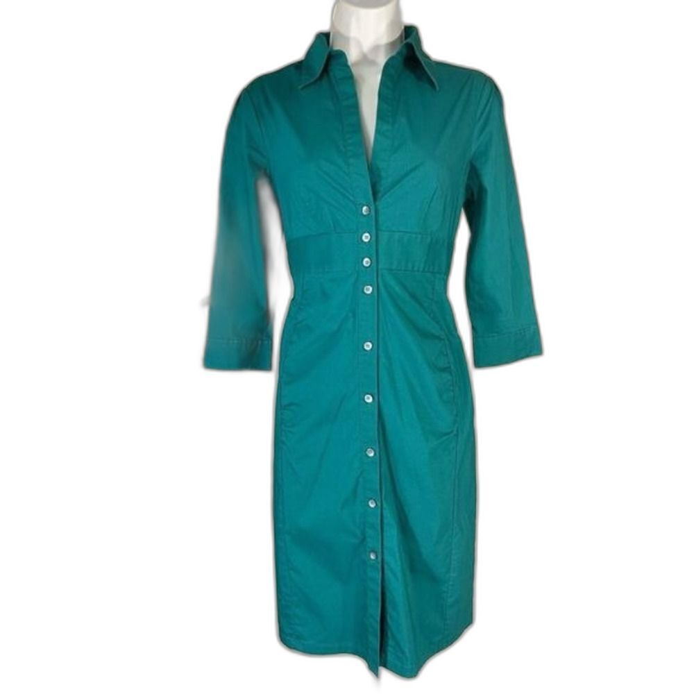 y2k Express Design Studio Shirt Dress W/4 Teal Green 3/4 Sleeve Knee Ln - Picture 2 of 14
